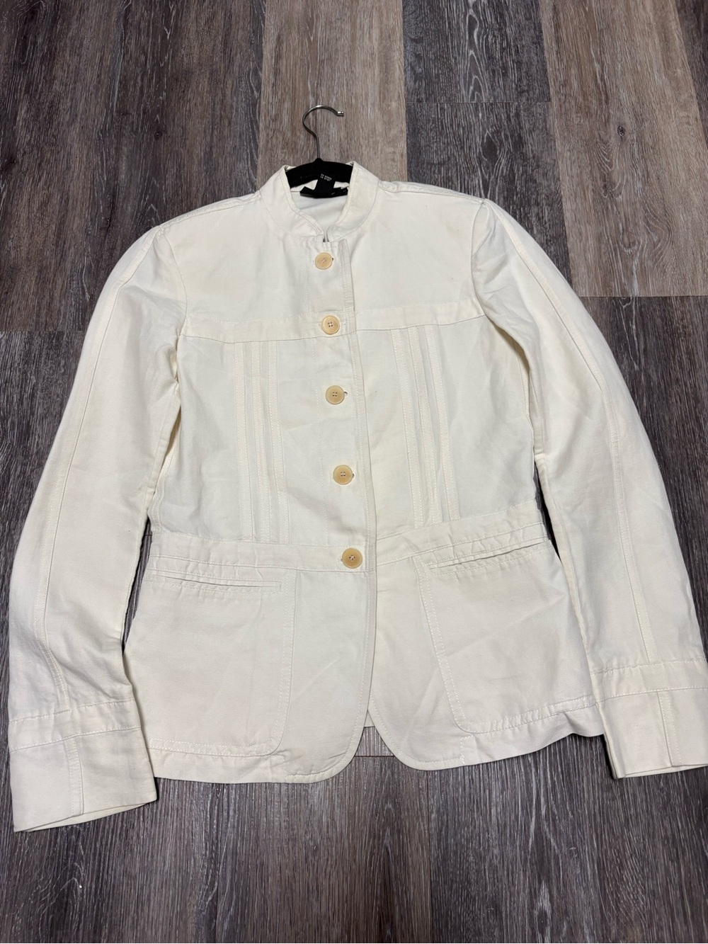 DKNY Cream Button-Front Tailored Jacket Linen & Cotton,business, formal, classic